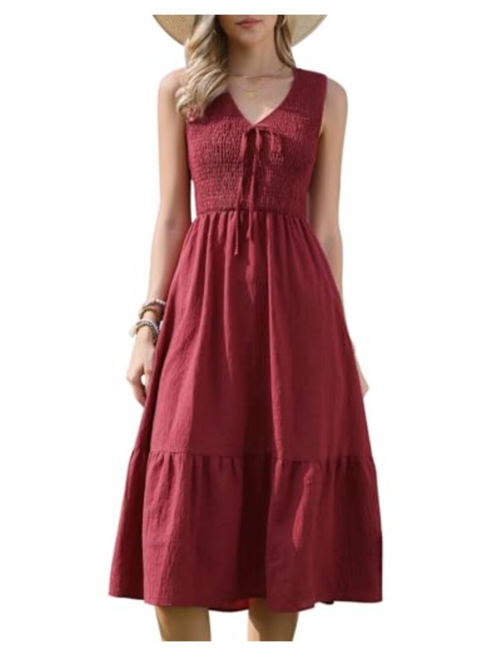 Sleeveless V-Neck Smocked Tiered Midi Dress with Pockets Flowy Summer Swing